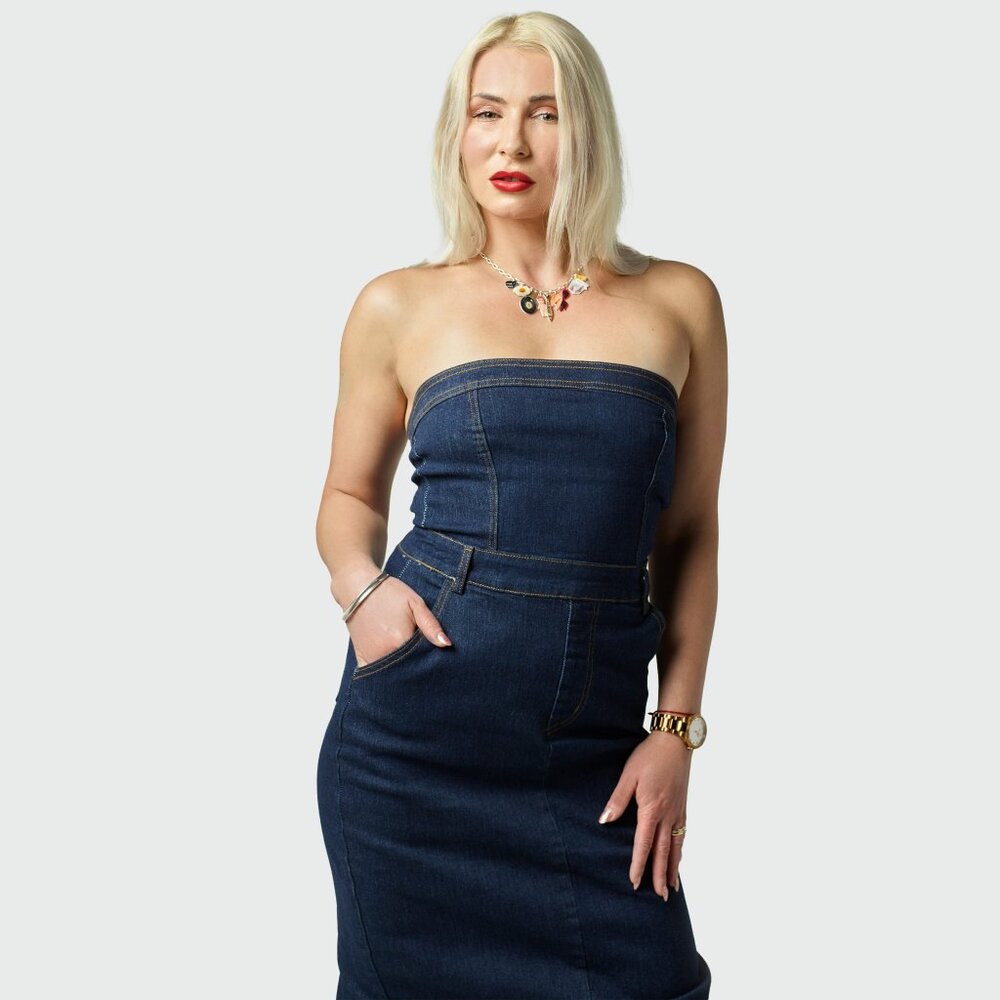 Pasadena Denim Strapless Midi Tube Dress Indigo S,M,L